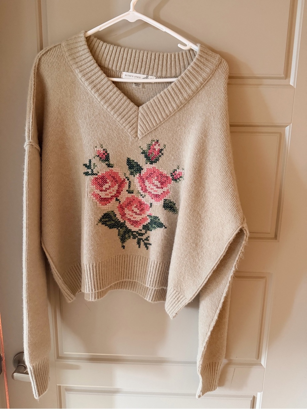 Altar'd State Beige V-Neck Sweater with Pink Rose Embroidery